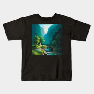 Idyllic Bridge Scenery in a Quaint Canyon Meadow Kids T-Shirt